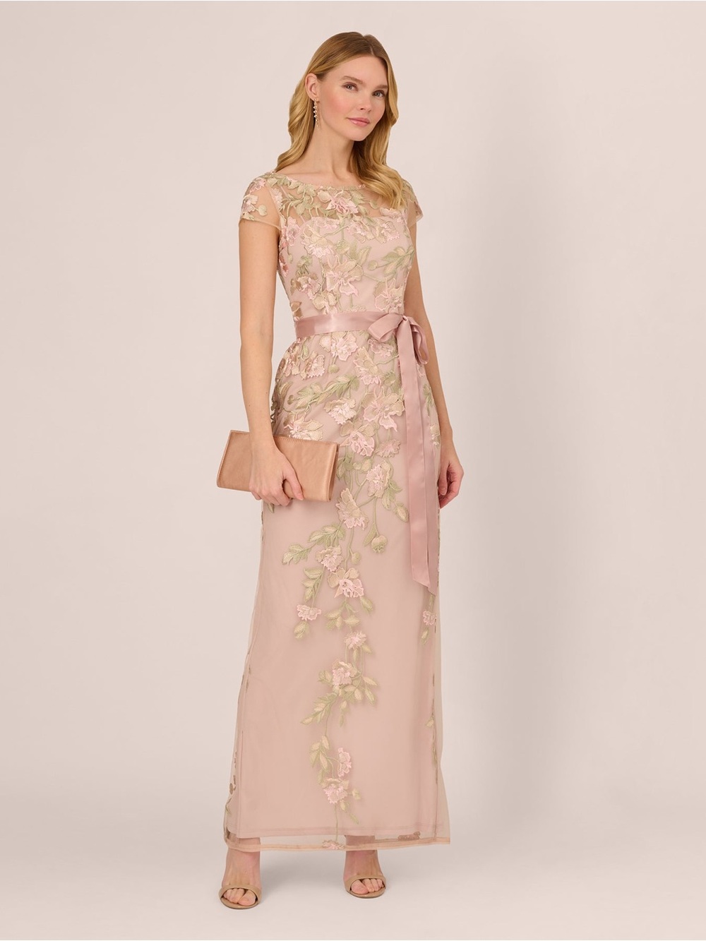 Adrianna Papell Size 8 NWT Blush Floral Embroidered Gown Maxi Dress GALA MOB